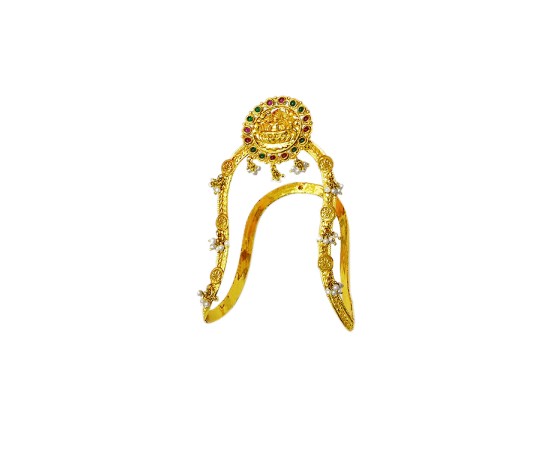 Gold plated arm jewllery round lakshmi design with white pearls