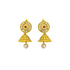 Gold plated round jhumka with red white stone and white pearl