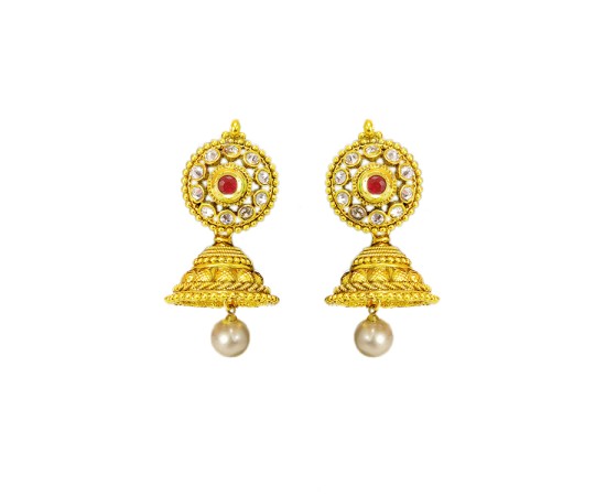 Gold plated round jhumka with red white stone and white pearl