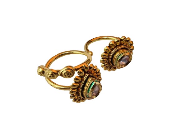 Gold plated two finger ring with white stones 