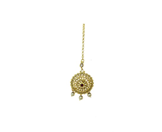Gold plated big round  maang tikka white pearl