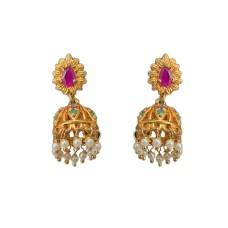 Gold plated jhumka with big pink stone white pearls