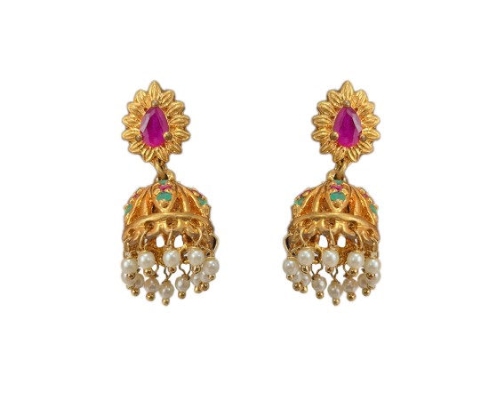 Gold plated jhumka with big pink stone white pearls