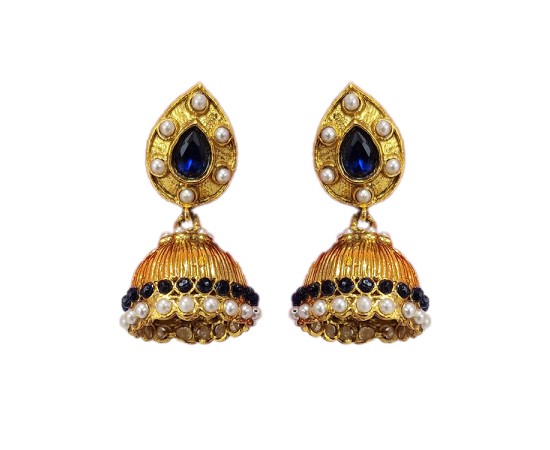 Gold Plated  Jhumka Blue and White Stones  