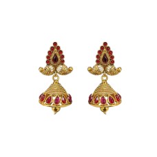 Gold plated jhumka manga design red stone 