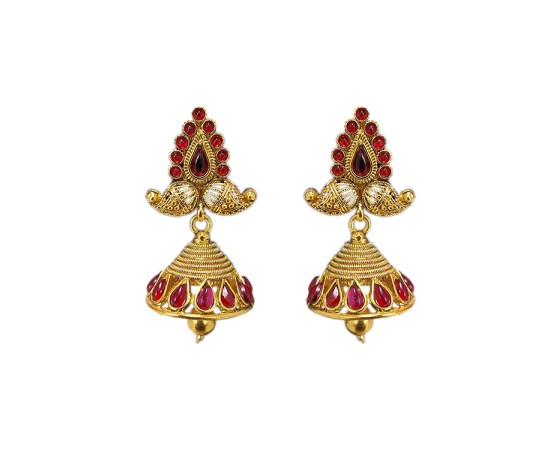 Gold plated jhumka manga design red stone 