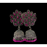 Oxidised classic casual jhumkas with pink stones