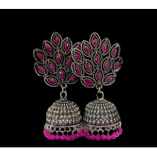 Oxidised classic casual jhumkas with pink stones
