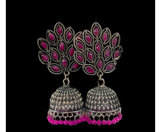 Oxidised classic casual jhumkas with pink stones