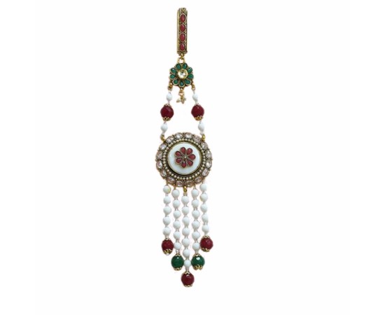 Gold Plated Saree Pin Round Flower Design Red With White Stone 