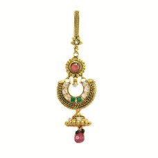Gold plated saree pin semi cicrle design with green stone pink bead