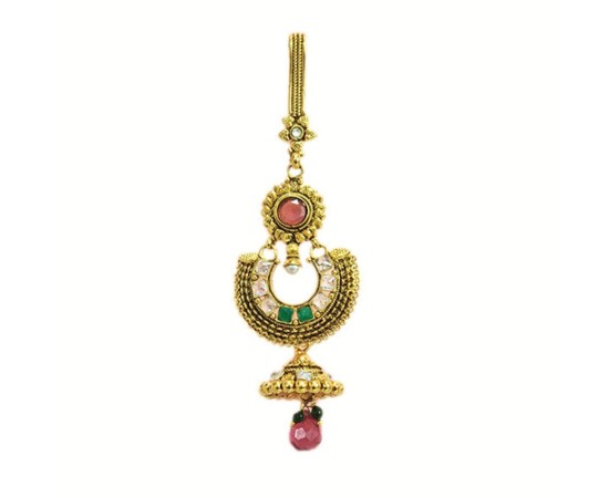 Gold plated saree pin semi cicrle design with green stone pink bead