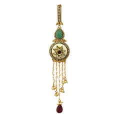 Gold Plated Saree Pin Star Design With Green and Red Stones with White Beads