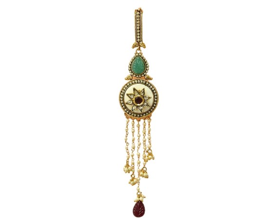 Gold Plated Saree Pin Star Design With Green and Red Stones with White Beads