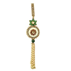 Gold plated round saree pin with big green flower and red small flower