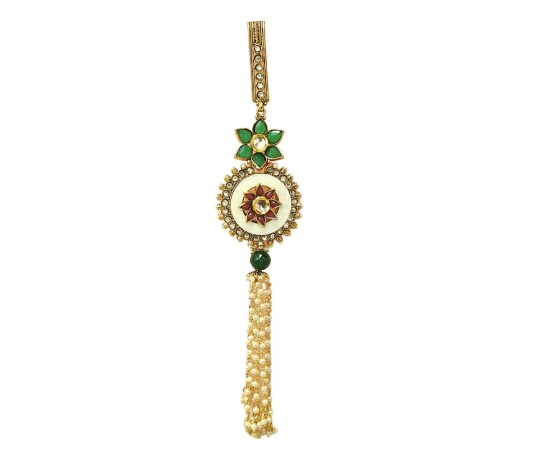 Gold plated round saree pin with big green flower and red small flower
