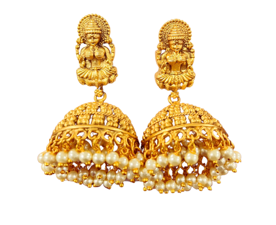 Gold Plated lakshmi Design Jhumka with White Pearls 