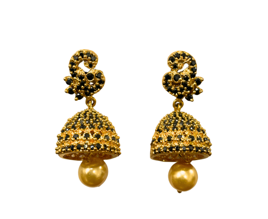 Gold Plated Jhumka Black Stones with Golden Pearl