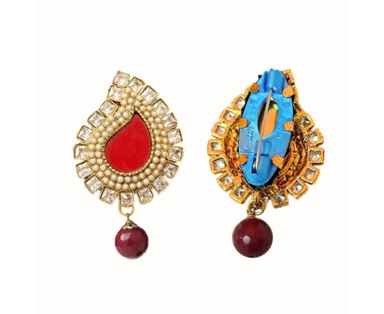 Gold Plated Saree Pin Manga Design Red With White