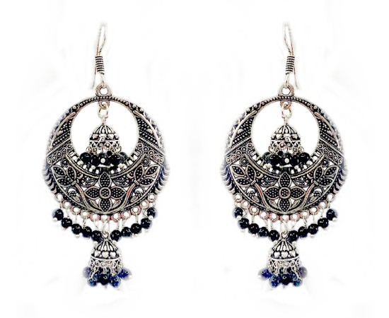 Oxidised round jhumkas with black beads