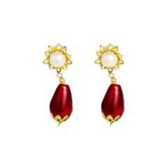 Gold plated with white stone and red pearls flower design