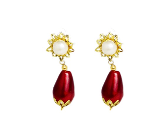 Gold plated with white stone and red pearls flower design