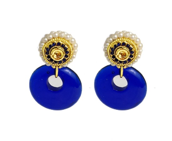 Gold plated flower design with blue stone and  white pearls drops 