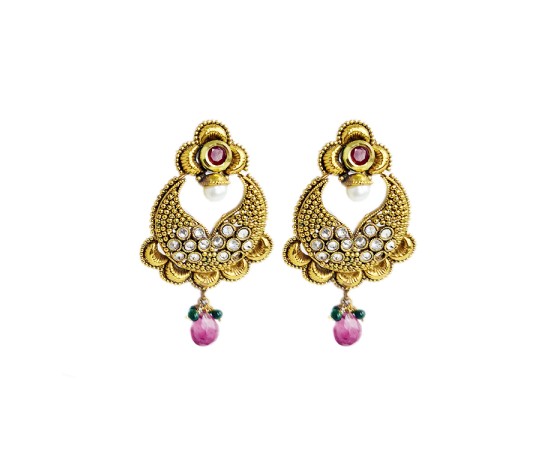 Gold plated with violet and white stone flower design drops