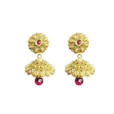GOLD PLATED WITH RED STONE FLOWER DESIGN JHUMKA