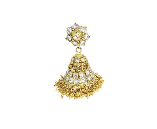 gold plated jhumka with white stone and spring design