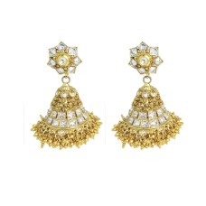 gold plated jhumka with white stone and spring design