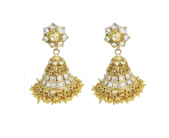 gold plated jhumka with white stone and spring design