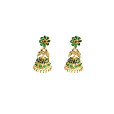 Gold Plated Jhumka With Bird Design And Green Stones 