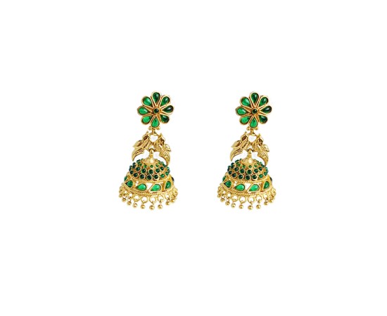 Gold Plated Jhumka With Bird Design And Green Stones 