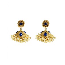 Golden Jhumka With blue  Stone And Small White Pearls