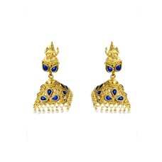 gold plated jhumka with blue stone and white pearl