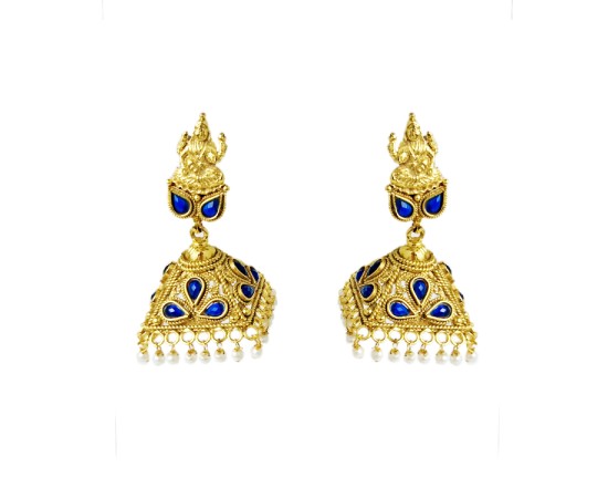 gold plated jhumka with blue stone and white pearl