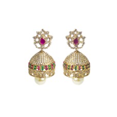 Gold Plated Jhumka with Red And Green Stones With White Pearl 