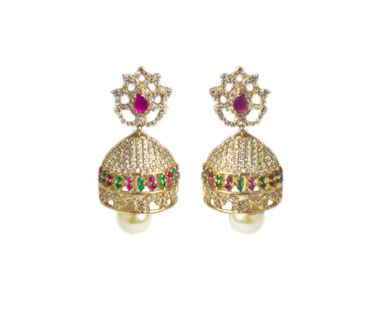 Gold Plated Jhumka with Red And Green Stones With White Pearl 