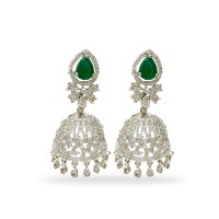 Silver Jhumka With White And Green Stone