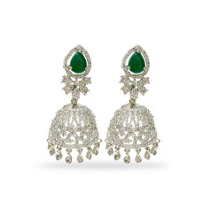 Silver Jhumka With White And Green Stone