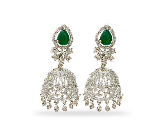 Silver Jhumka With White And Green Stone