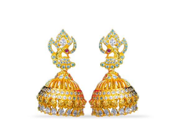 Jhumkas with peacock model and white stone