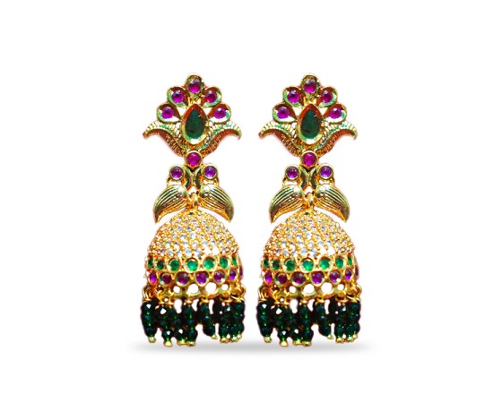 Jhumkas With Pink And White Stone And Green Beads