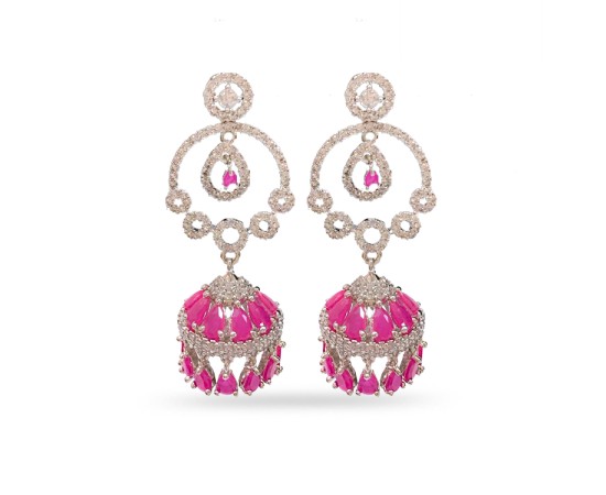Silver Jhumka With White And Pink Drops