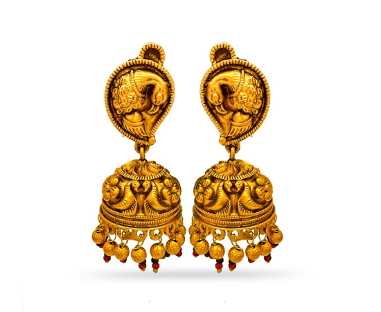 Gold Plated Jhumka With Golden Peacock And Beads
