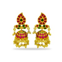 Gold Plated Jhumka With Maanga Red Green And Pearls