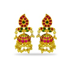 Gold Plated Jhumka With Maanga Red Green And Pearls