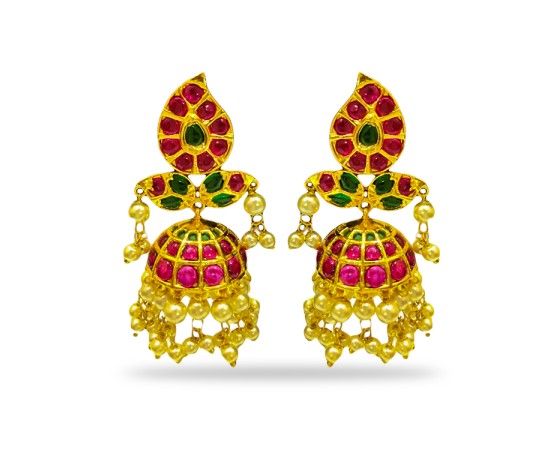 Gold Plated Jhumka With Maanga Red Green And Pearls