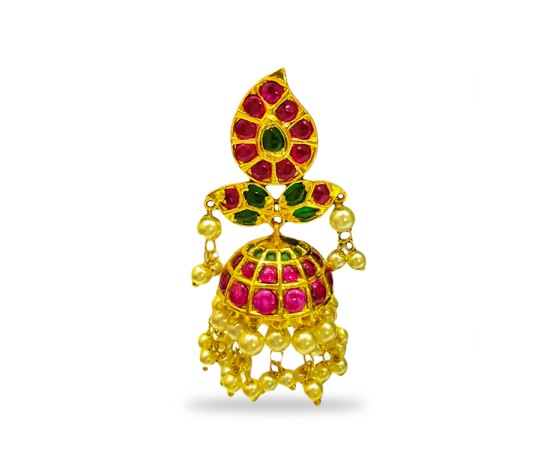 Gold Plated Jhumka With Maanga Red Green And Pearls